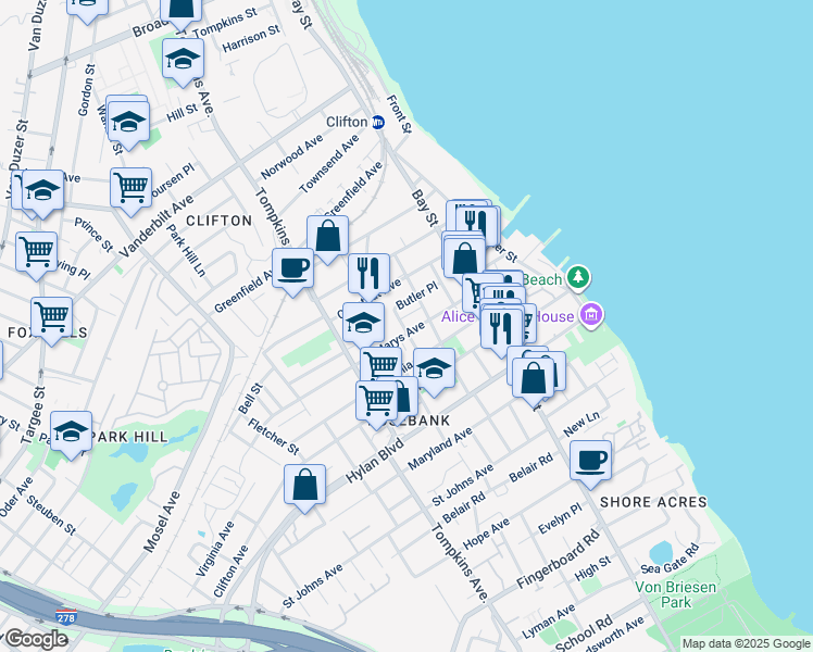map of restaurants, bars, coffee shops, grocery stores, and more near 67 Saint Marys Avenue in Staten Island