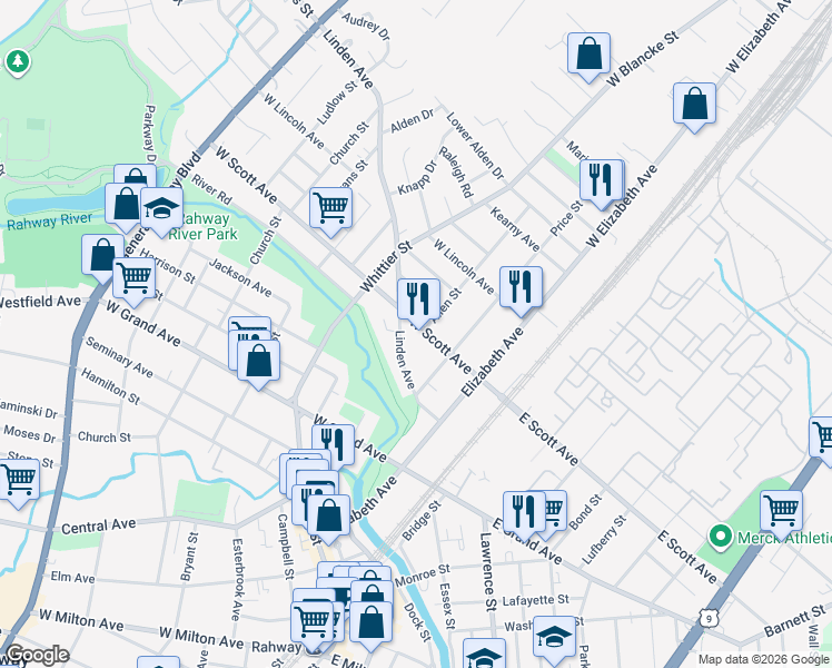 map of restaurants, bars, coffee shops, grocery stores, and more near 244 West Scott Avenue in Rahway