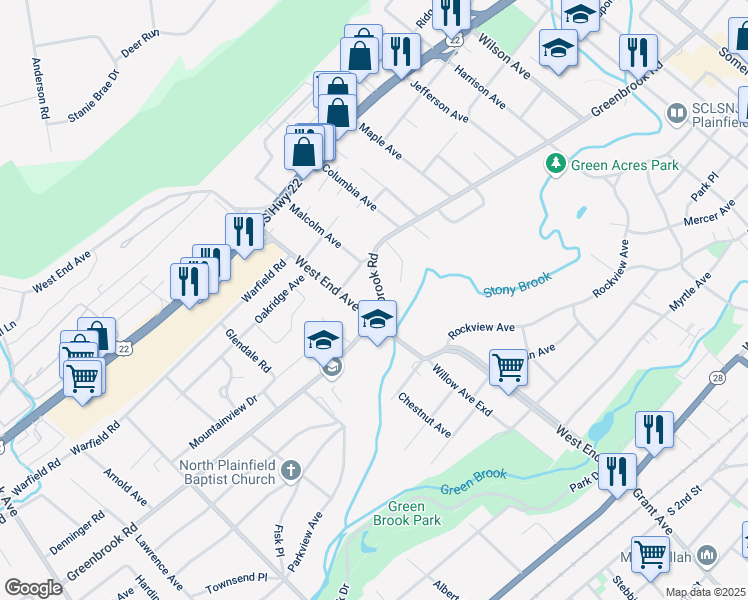 map of restaurants, bars, coffee shops, grocery stores, and more near 380 Greenbrook Road in North Plainfield