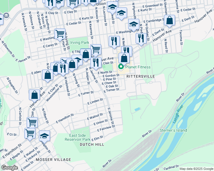 map of restaurants, bars, coffee shops, grocery stores, and more near 1022 East Chew Street in Allentown