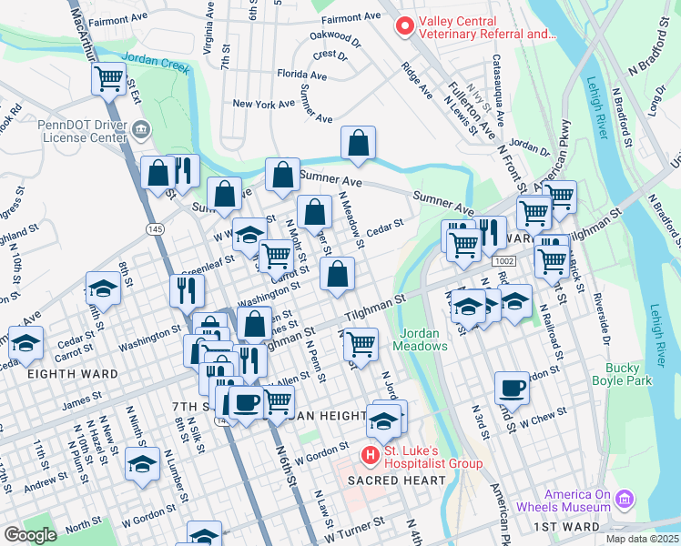 map of restaurants, bars, coffee shops, grocery stores, and more near 382 Washington Street in Allentown