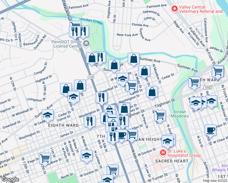 map of restaurants, bars, coffee shops, grocery stores, and more near 849 North 6th Street in Allentown