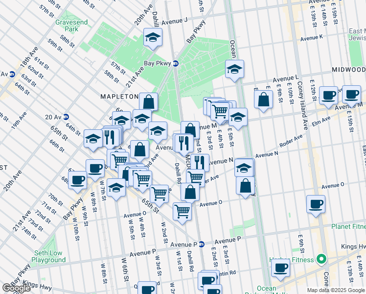 map of restaurants, bars, coffee shops, grocery stores, and more near 1548 McDonald Avenue in Brooklyn