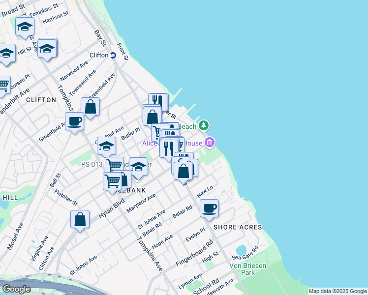 map of restaurants, bars, coffee shops, grocery stores, and more near 50 Clifton Avenue in Staten Island