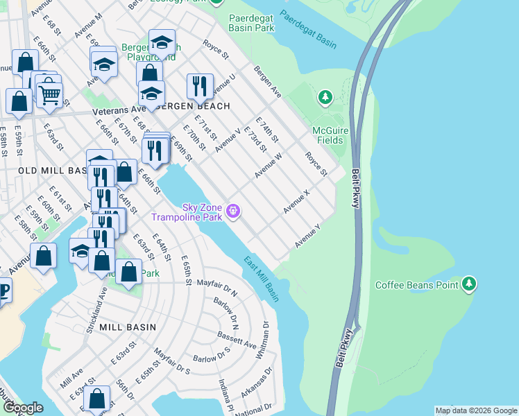 map of restaurants, bars, coffee shops, grocery stores, and more near 2339 East 70th Street in Brooklyn