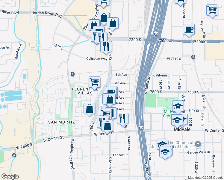 map of restaurants, bars, coffee shops, grocery stores, and more near 7505 Holden Street in Midvale