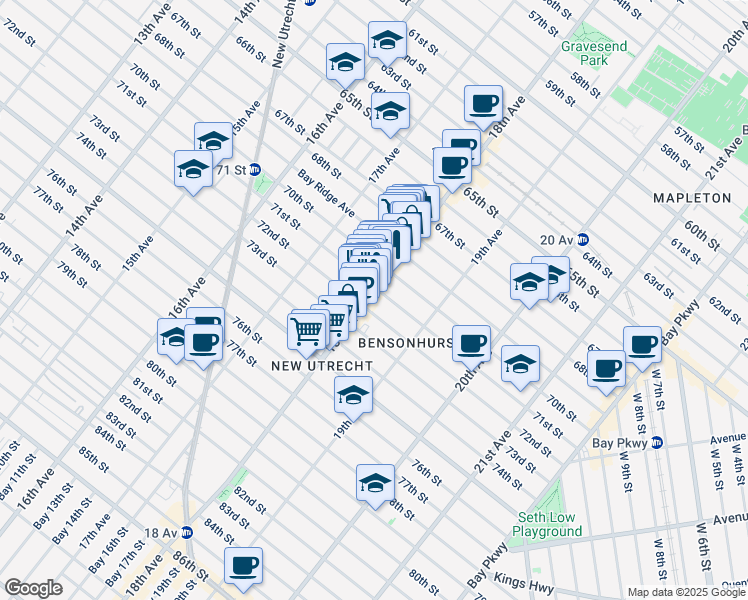 map of restaurants, bars, coffee shops, grocery stores, and more near 7101 18th Avenue in Brooklyn