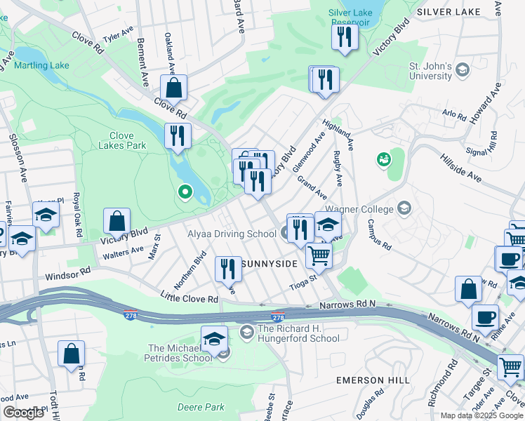 map of restaurants, bars, coffee shops, grocery stores, and more near 1300 Clove Road in Staten Island