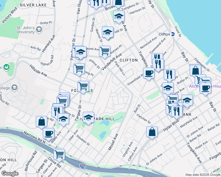 map of restaurants, bars, coffee shops, grocery stores, and more near 20 Long Pond Lane in Staten Island