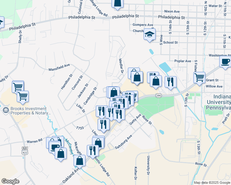 map of restaurants, bars, coffee shops, grocery stores, and more near 1662 Wilson Avenue in Indiana