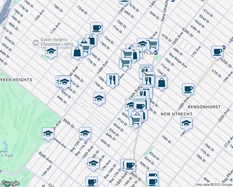 map of restaurants, bars, coffee shops, grocery stores, and more near 1528 78th Street in Brooklyn