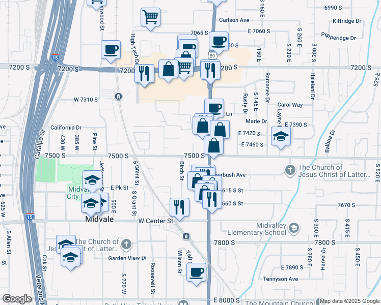 map of restaurants, bars, coffee shops, grocery stores, and more near 26 West 7500 South in Midvale