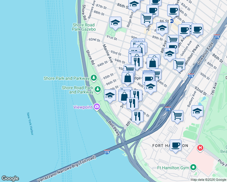map of restaurants, bars, coffee shops, grocery stores, and more near 123A 97th Street in Brooklyn