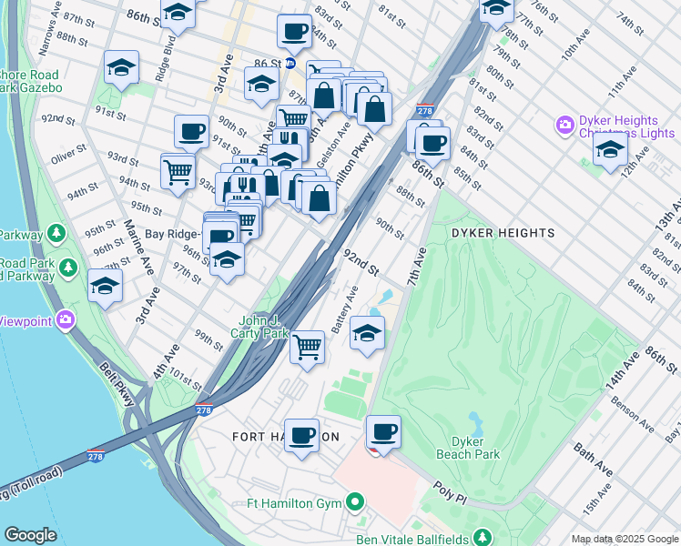 map of restaurants, bars, coffee shops, grocery stores, and more near 185 Dahlgren Place in Brooklyn