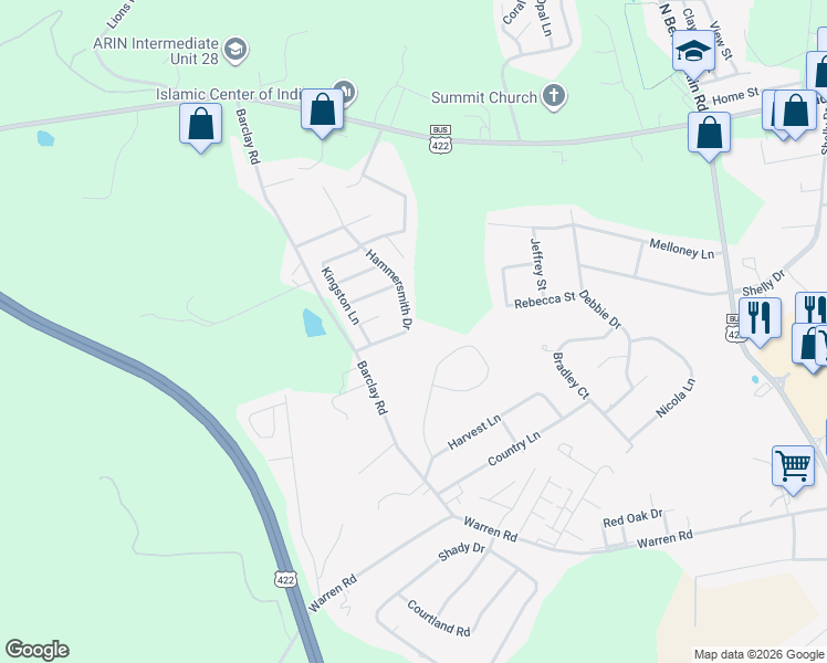 map of restaurants, bars, coffee shops, grocery stores, and more near 422 Hammersmith Drive in Indiana