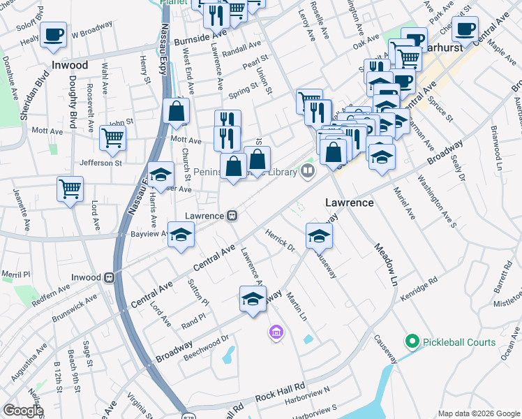map of restaurants, bars, coffee shops, grocery stores, and more near 220 Central Avenue in Lawrence