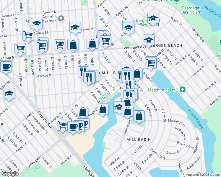 map of restaurants, bars, coffee shops, grocery stores, and more near 2058 East 61st Street in Brooklyn