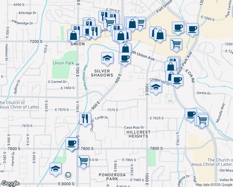 map of restaurants, bars, coffee shops, grocery stores, and more near 880 Canyon Ridge Way in Midvale