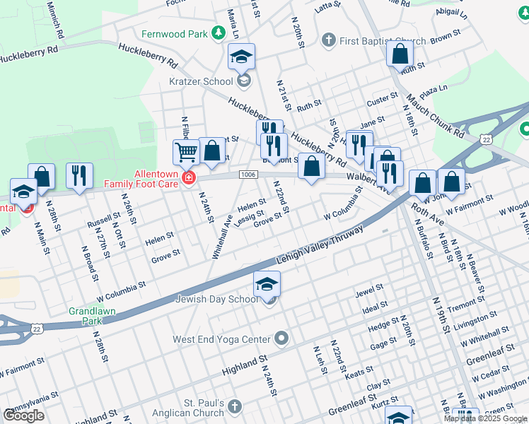 map of restaurants, bars, coffee shops, grocery stores, and more near 2222 North Leh Street in Allentown