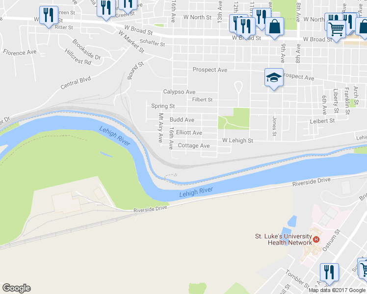 map of restaurants, bars, coffee shops, grocery stores, and more near 1603 Cottage Avenue in Bethlehem