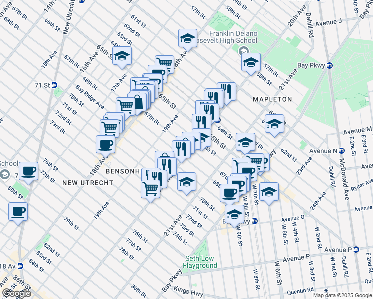 map of restaurants, bars, coffee shops, grocery stores, and more near 6706 20th Avenue in Brooklyn