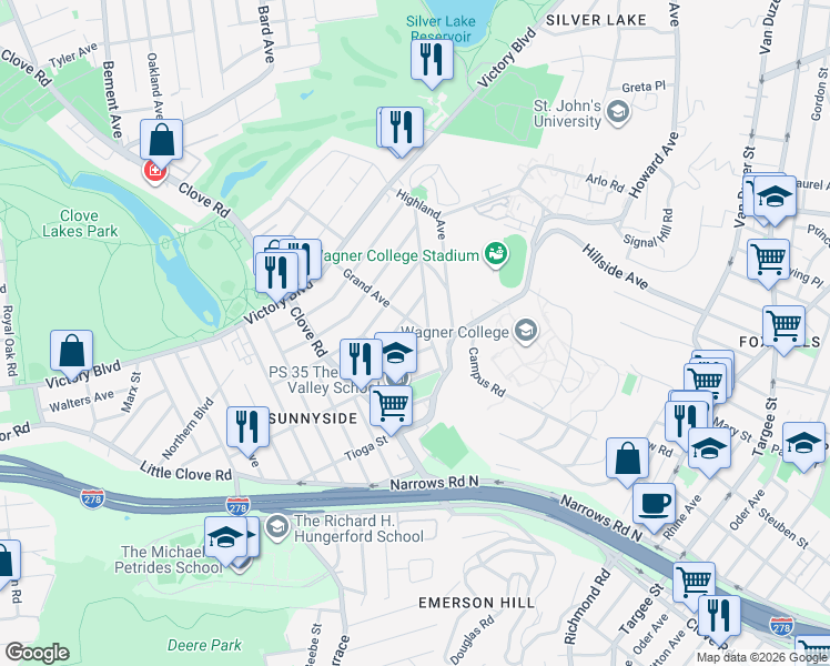 map of restaurants, bars, coffee shops, grocery stores, and more near 112 Grand Avenue in Staten Island
