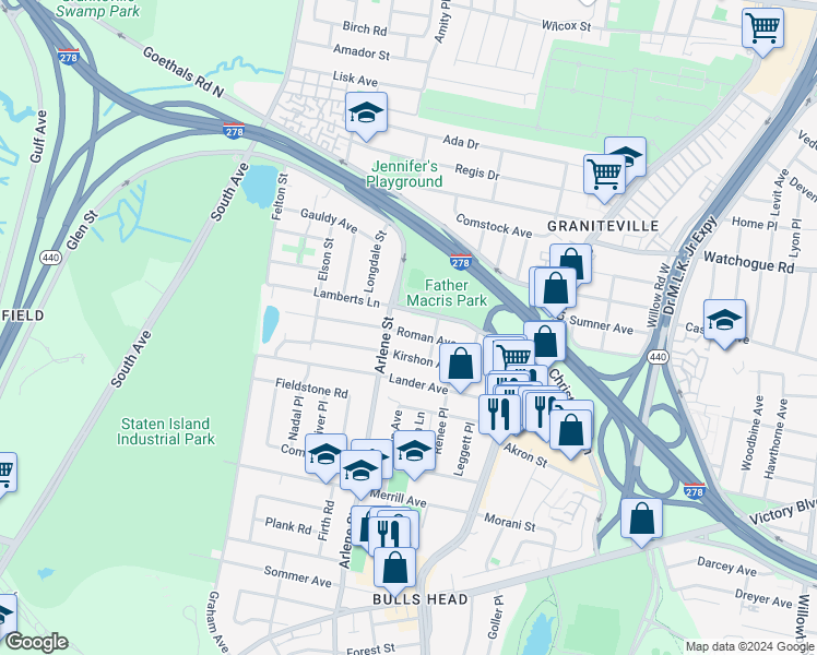 map of restaurants, bars, coffee shops, grocery stores, and more near 67 Roman Avenue in Staten Island