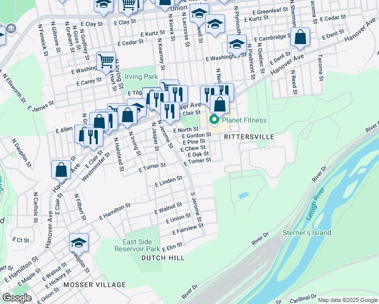 map of restaurants, bars, coffee shops, grocery stores, and more near 1022 East Chew Street in Allentown