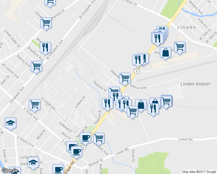 map of restaurants, bars, coffee shops, grocery stores, and more near 905 Smith Street in Linden