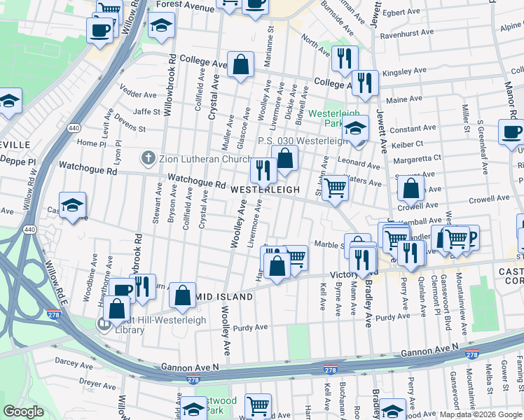 map of restaurants, bars, coffee shops, grocery stores, and more near 349 Livermore Avenue in Staten Island