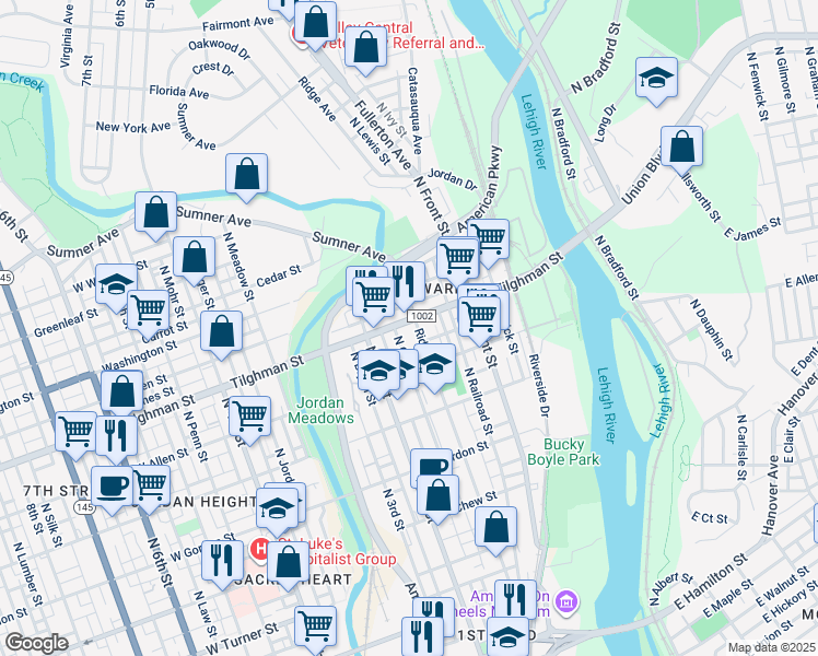 map of restaurants, bars, coffee shops, grocery stores, and more near 643 Ridge Avenue in Allentown