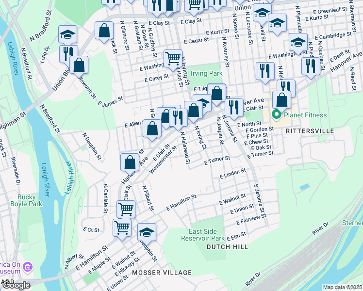map of restaurants, bars, coffee shops, grocery stores, and more near 325 North Halstead Street in Allentown