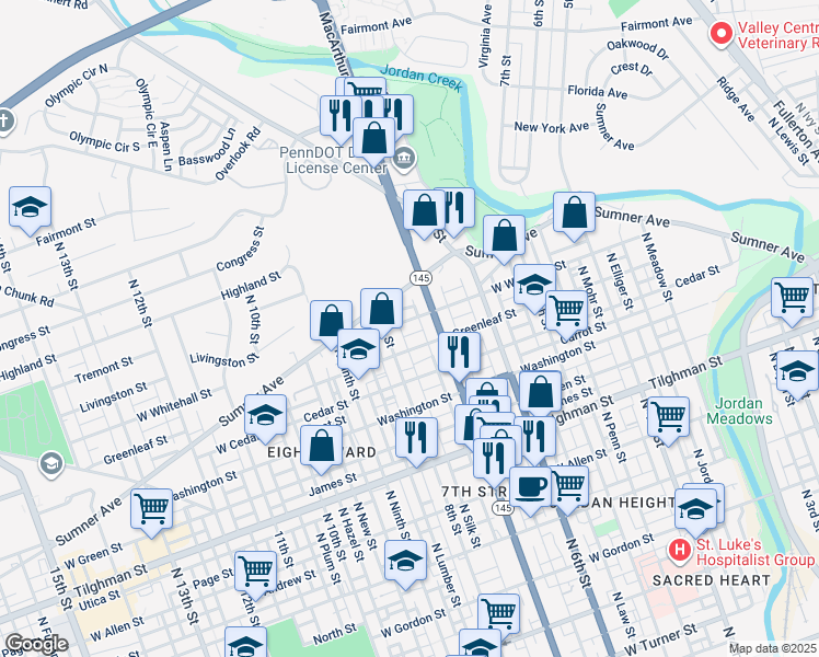 map of restaurants, bars, coffee shops, grocery stores, and more near 726 West Whitehall Street in Allentown