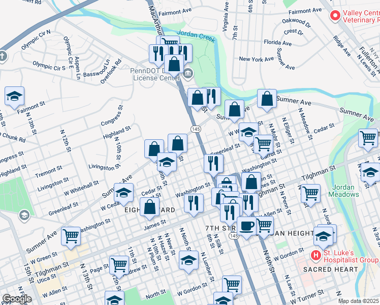 map of restaurants, bars, coffee shops, grocery stores, and more near 726 West Whitehall Street in Allentown