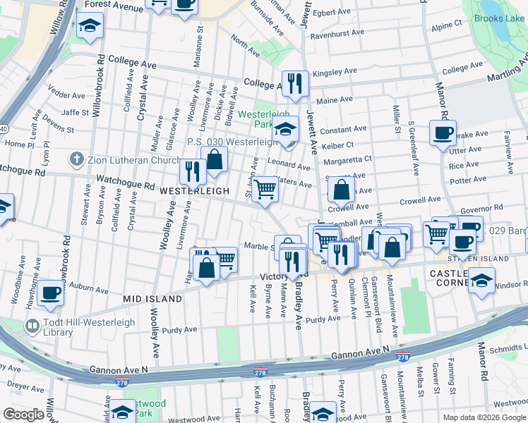 map of restaurants, bars, coffee shops, grocery stores, and more near 154 Watchogue Road in Staten Island