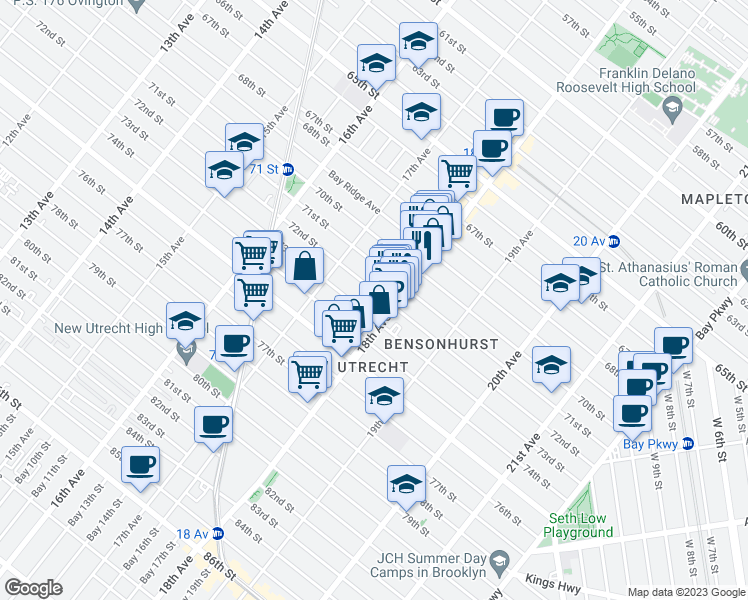 map of restaurants, bars, coffee shops, grocery stores, and more near 1768 72nd Street in Brooklyn