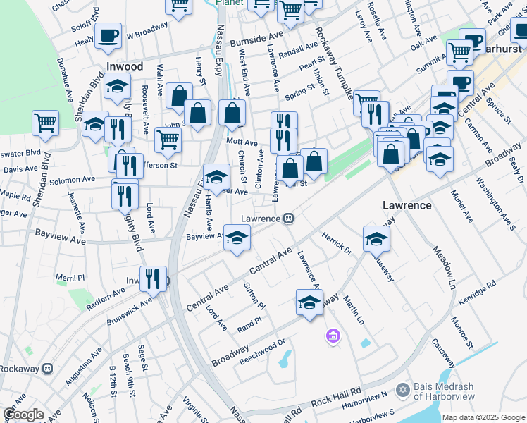 map of restaurants, bars, coffee shops, grocery stores, and more near 26 Bayview Avenue in Inwood