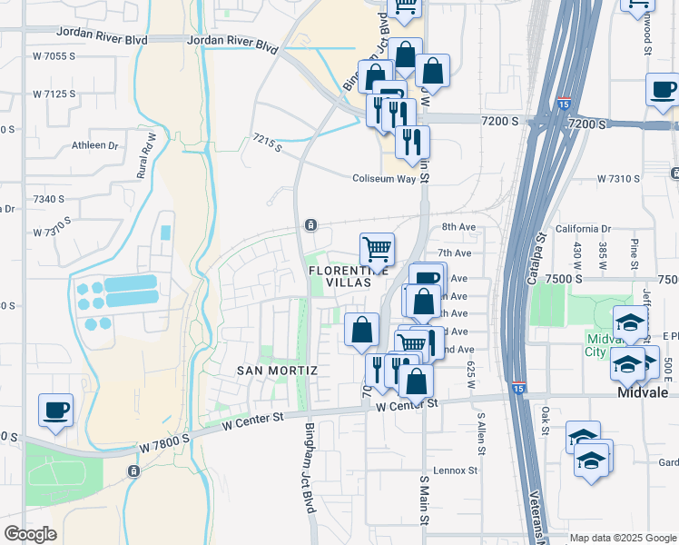map of restaurants, bars, coffee shops, grocery stores, and more near 7482 Siena Vista Lane in Midvale