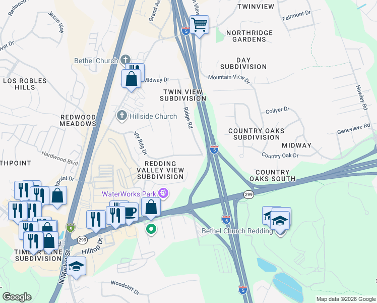 map of restaurants, bars, coffee shops, grocery stores, and more near 5414 Valleyridge Drive in Redding