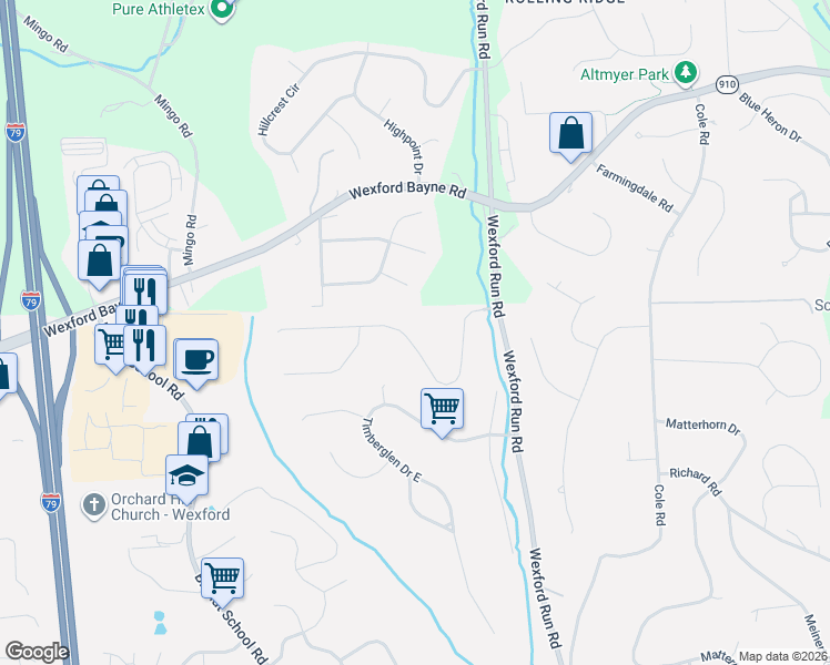 map of restaurants, bars, coffee shops, grocery stores, and more near 1812 Willow Oak Drive in Wexford