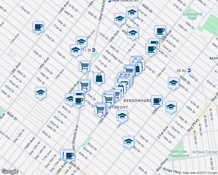 map of restaurants, bars, coffee shops, grocery stores, and more near 1728 73rd St in Brooklyn