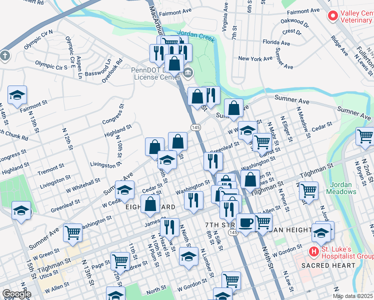 map of restaurants, bars, coffee shops, grocery stores, and more near 732 West Whitehall Street in Allentown