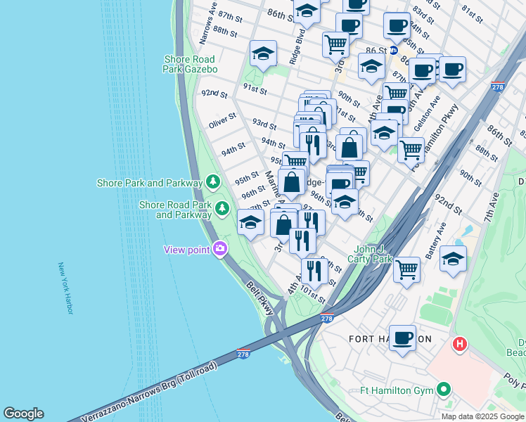 map of restaurants, bars, coffee shops, grocery stores, and more near 140 97th Street in Brooklyn