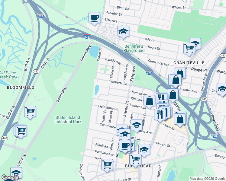 map of restaurants, bars, coffee shops, grocery stores, and more near 156 Roman Avenue in Staten Island