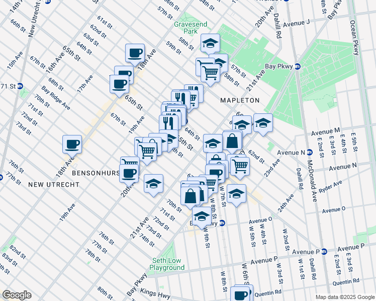map of restaurants, bars, coffee shops, grocery stores, and more near 2060 65th Street in Brooklyn