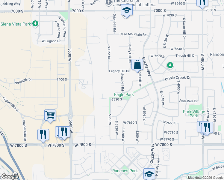 map of restaurants, bars, coffee shops, grocery stores, and more near 5332 Laurel Hill Circle in West Jordan
