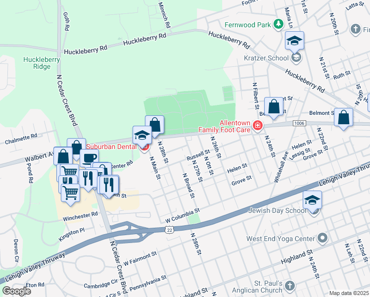 map of restaurants, bars, coffee shops, grocery stores, and more near 1620 North 27th Street in Allentown