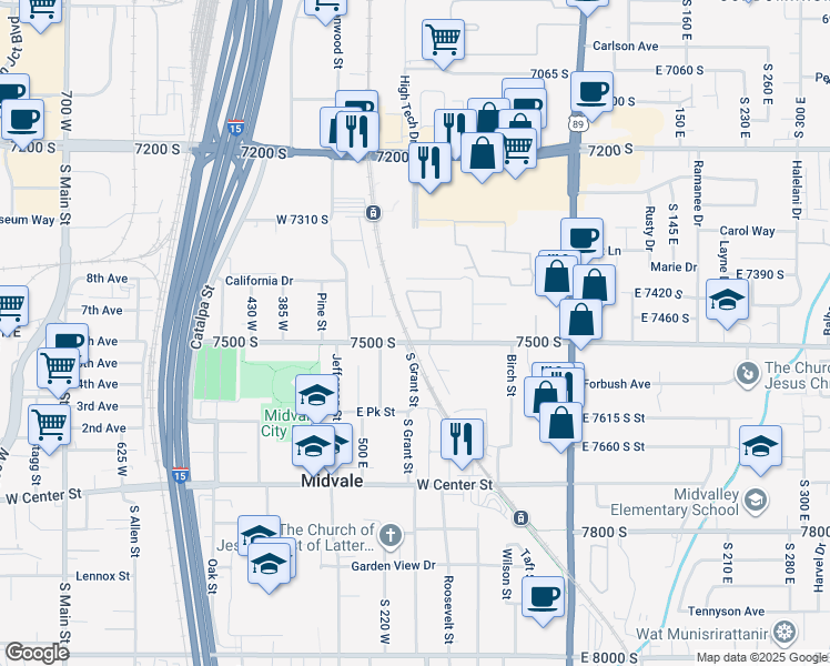 map of restaurants, bars, coffee shops, grocery stores, and more near 150 West 7500 South in Midvale