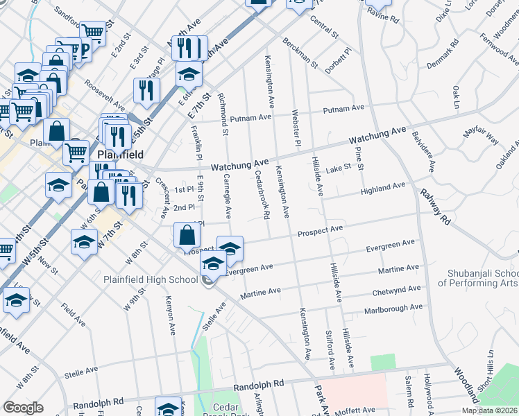 map of restaurants, bars, coffee shops, grocery stores, and more near 944 Cedarbrook Road in Plainfield