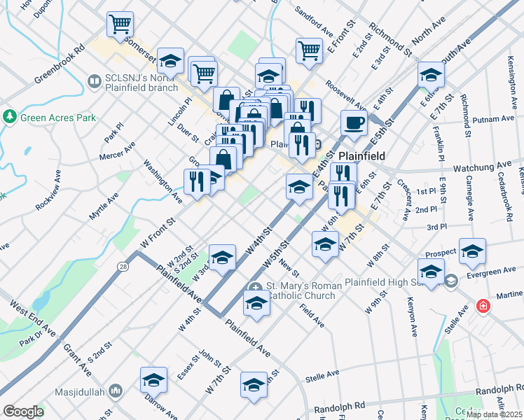 map of restaurants, bars, coffee shops, grocery stores, and more near 313 West 3rd Street in Plainfield